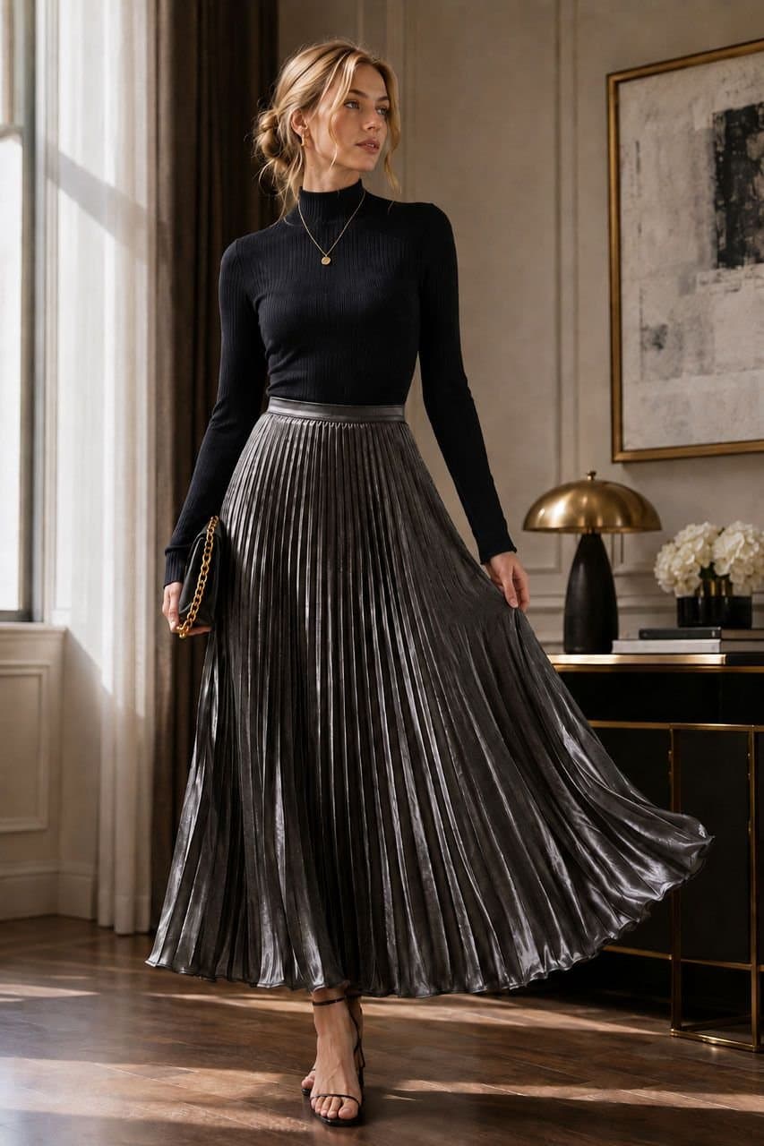 Lovii Lovii Women's Luxe Elegance Premium Pleated Maxi Skirt Metallic Silver