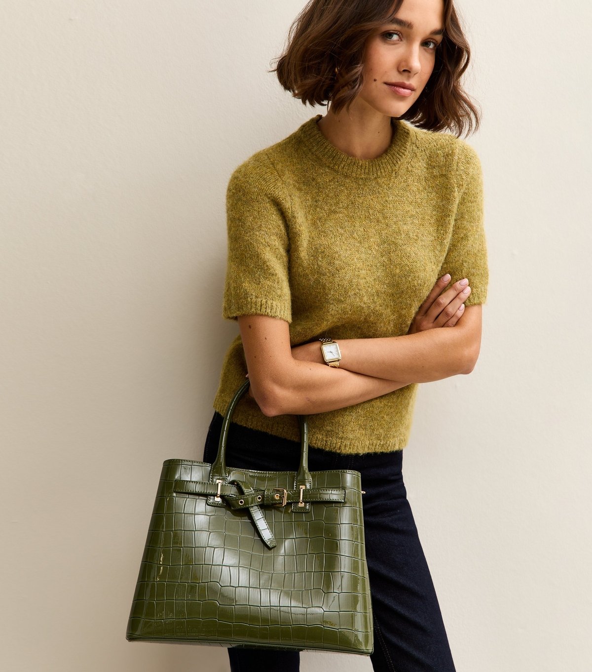 New Look Khaki Buckle Faux Croc Triple Compartment Tote Bag Vegan New Look - 2