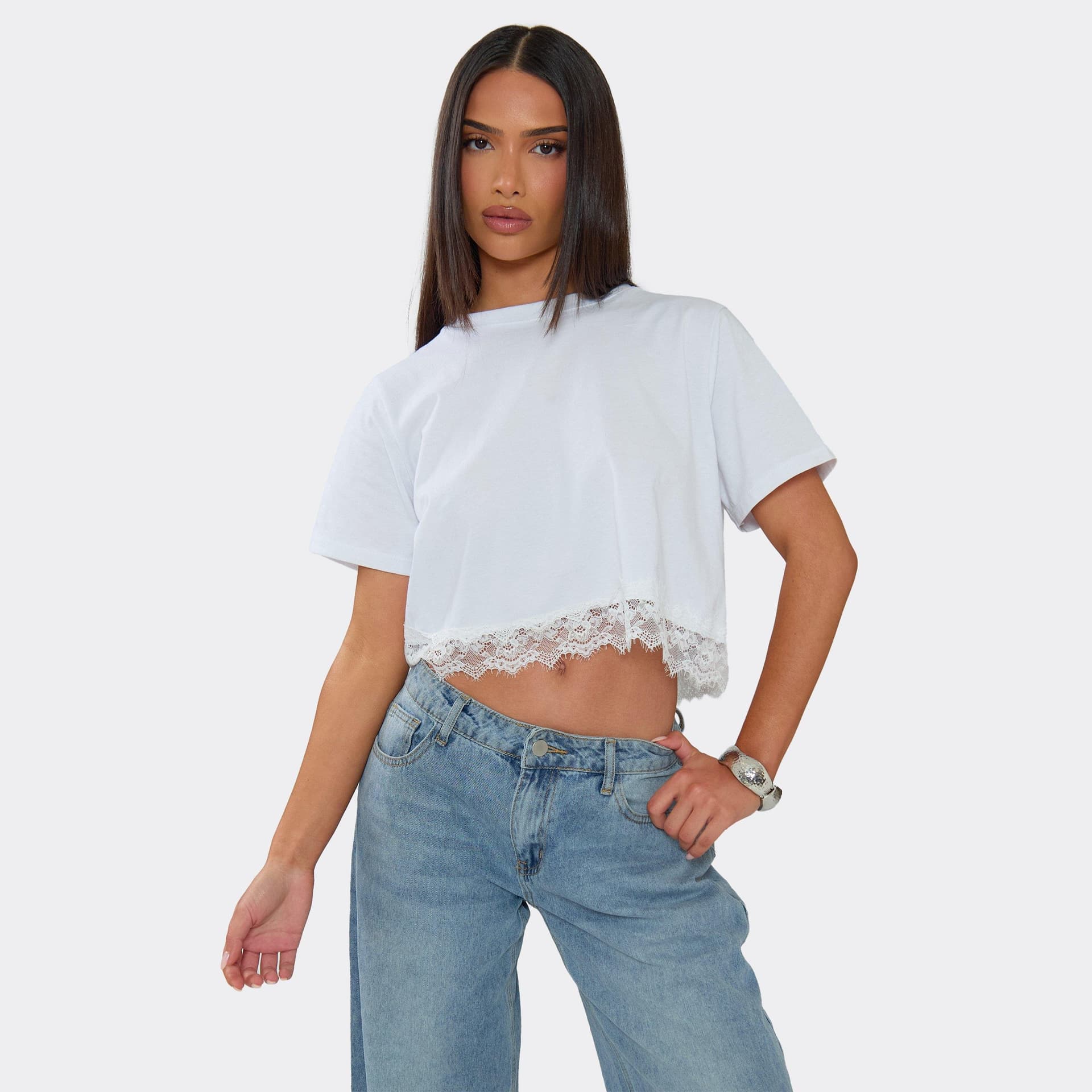 EGO EGO White Short Sleeve Lace Trim Cropped T-Shirt