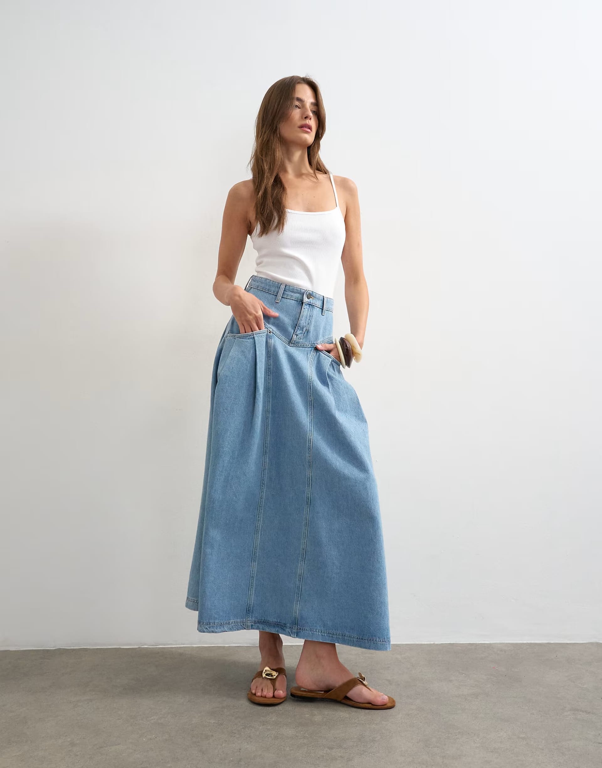 ASOS Bleach Denim Pleated Maxi Skirt