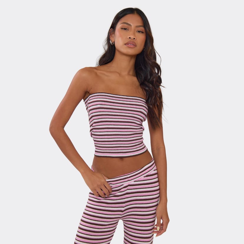 EGO Bandeau Top In Pink Multi Stripe Knit, Women's Size UK L - 1