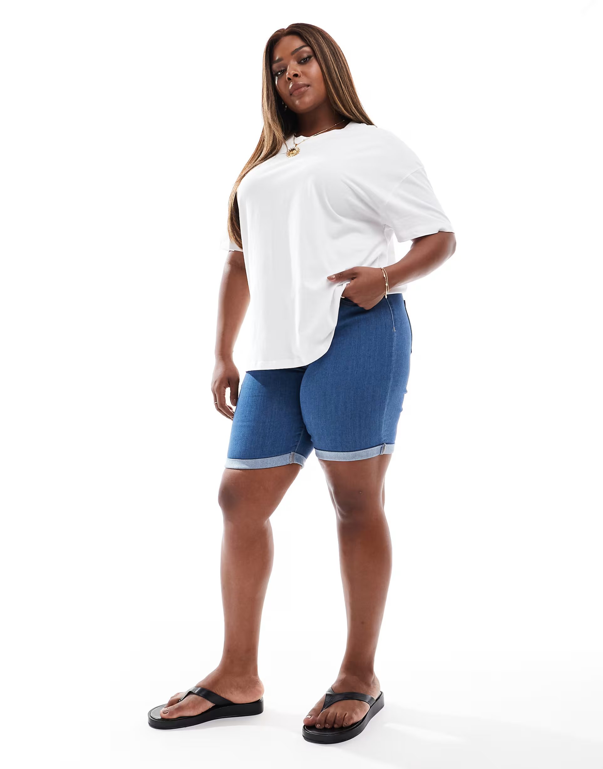 ASOS ONLY Curve long denim shorts in mid blue - 1