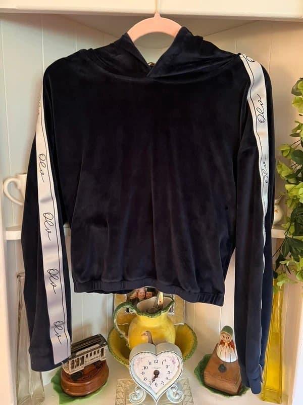 Flam Mode Hoodie Midi Crop -Top Velvet - Long Sleeve - Y2K - Navy - Size 16 - XL