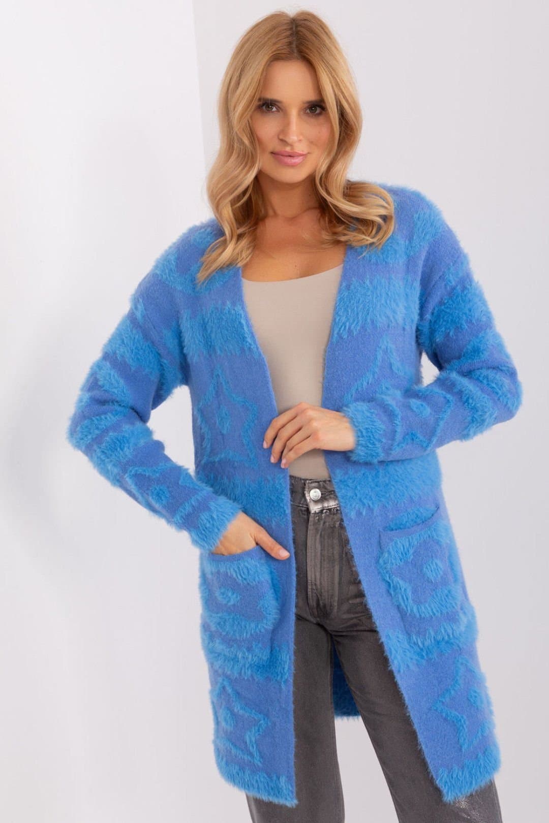 Love Lace Love Lace Women's Unbuttoned Textured Cardigan with Slip Pockets Style 189210 in Blue