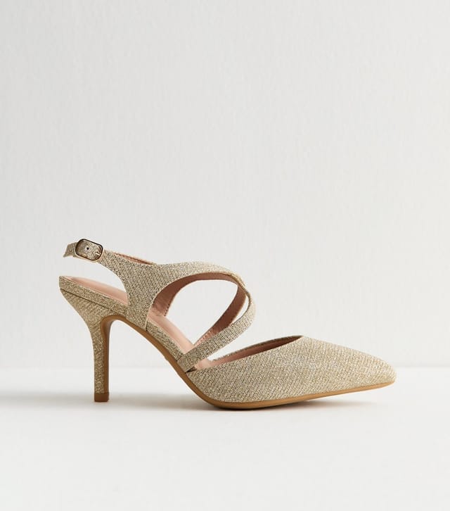 New Look Women's Wide Fit Gold Shimmer Asymmetric Strap Stiletto Heel Court Shoes New Look - 2