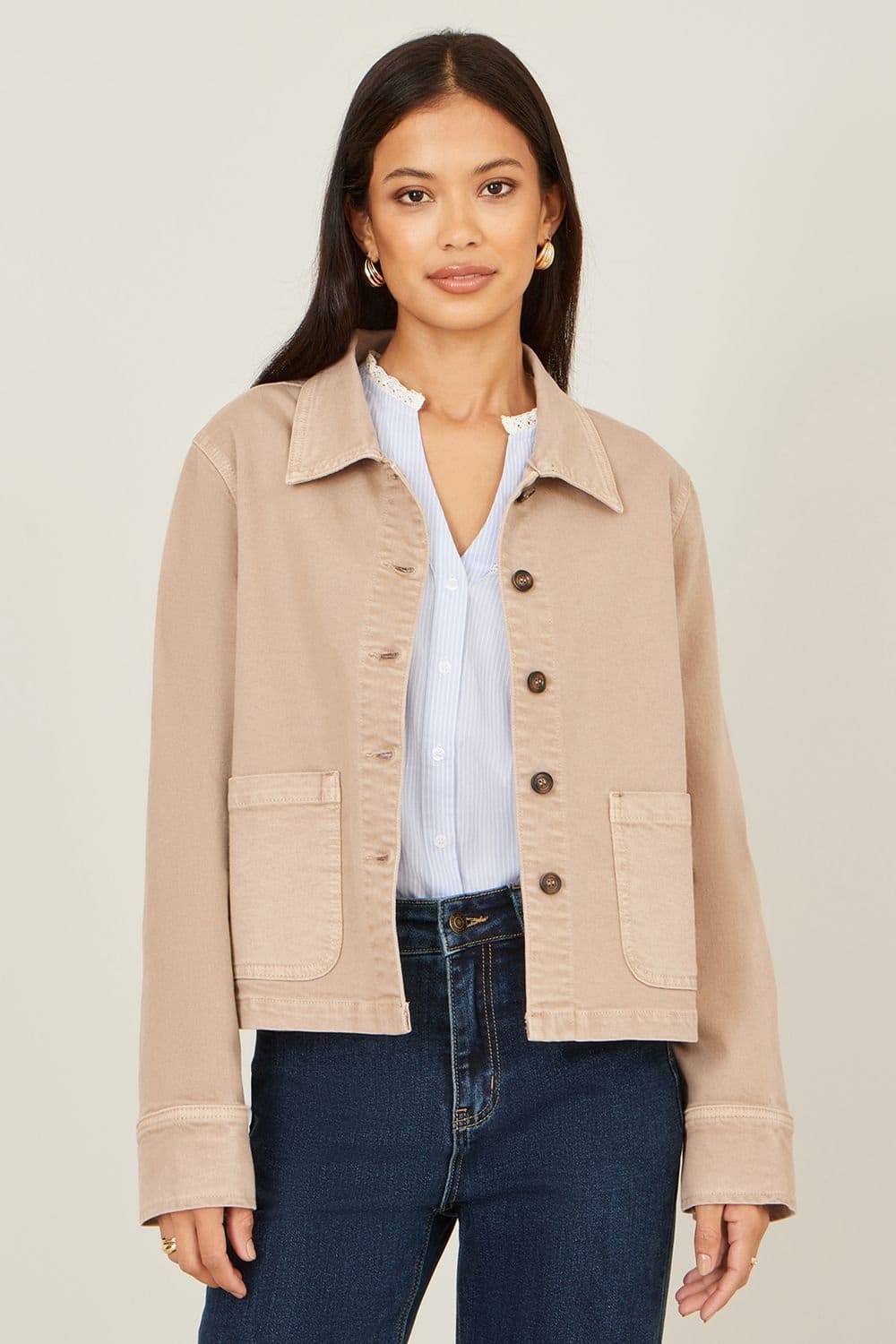 Yumi Yumi Women's Beige Canvas Jacket With Patch Pockets - 1