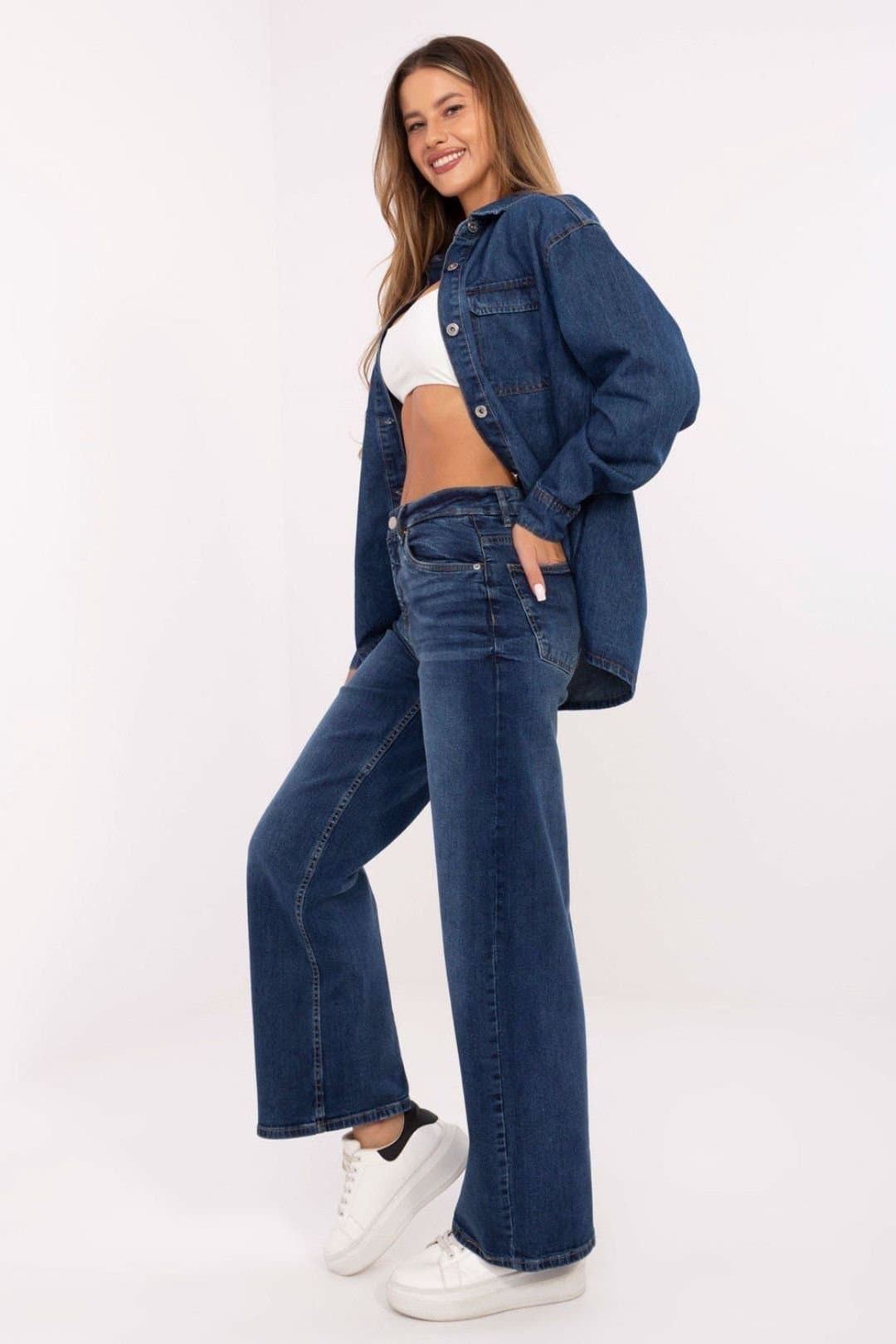 Love Lace Love Lace Women's High Waisted Wide Leg Cotton Denim Jeans Style 215888 in Blue