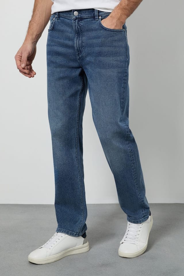 Burton Burton Men's Light Vintage Wash Stretch Straight Fit Jeans in Light Blue - 2