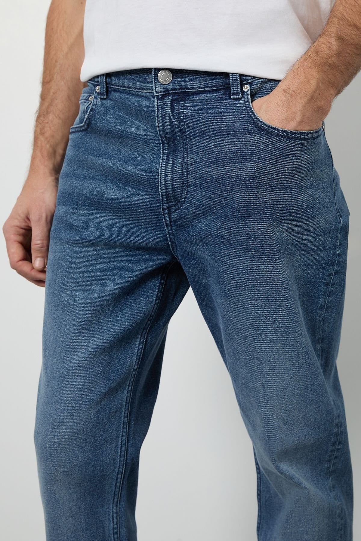 Burton Burton Men's Light Vintage Wash Stretch Straight Fit Jeans in Light Blue - 4