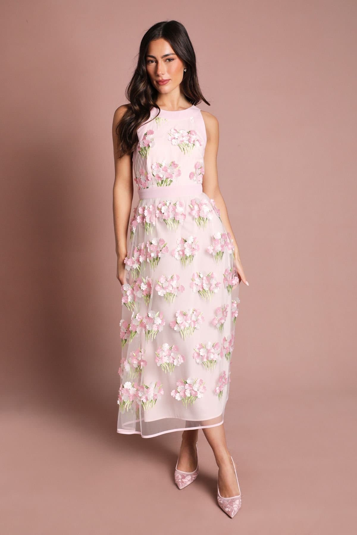 Coast Coast Women's Muse Racer Neck Embroidered Mesh Midi Dress in Pink