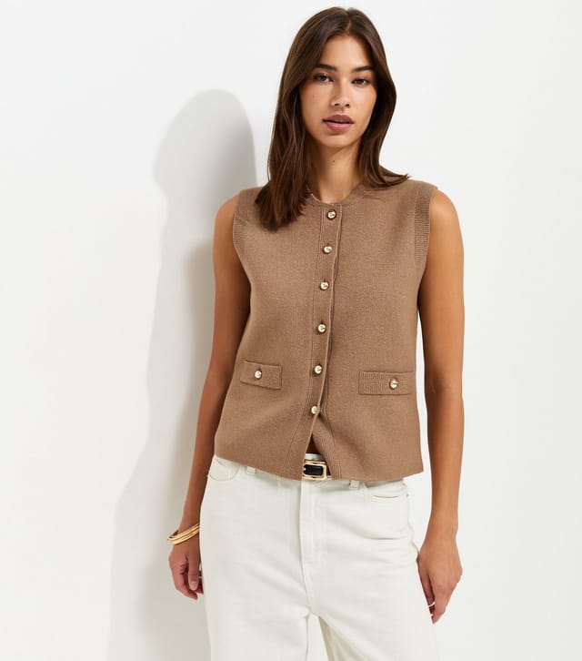 New Look Women's Mink Midweight Knit Dome Button Waistcoat New Look - 2