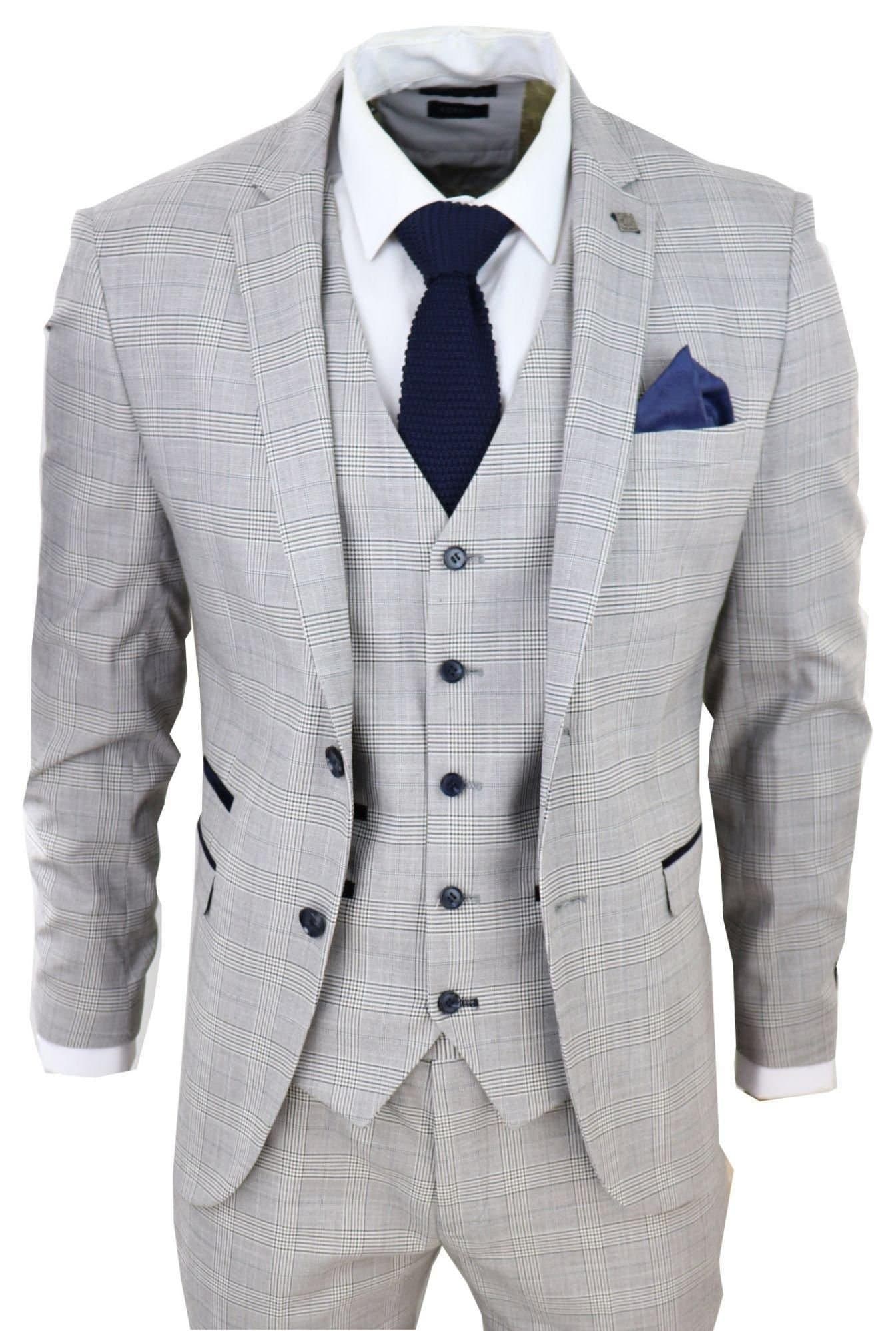 Paul Andrew Paul Andrew Men's Hugo Grey 3 Piece Suit Navy Check Velvet