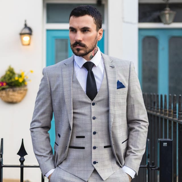 Paul Andrew Paul Andrew Men's Hugo Grey 3 Piece Suit Navy Check Velvet - 2