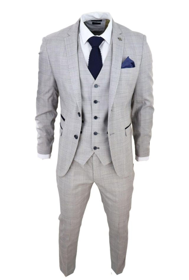 Paul Andrew Paul Andrew Men's Hugo Grey 3 Piece Suit Navy Check Velvet - 3