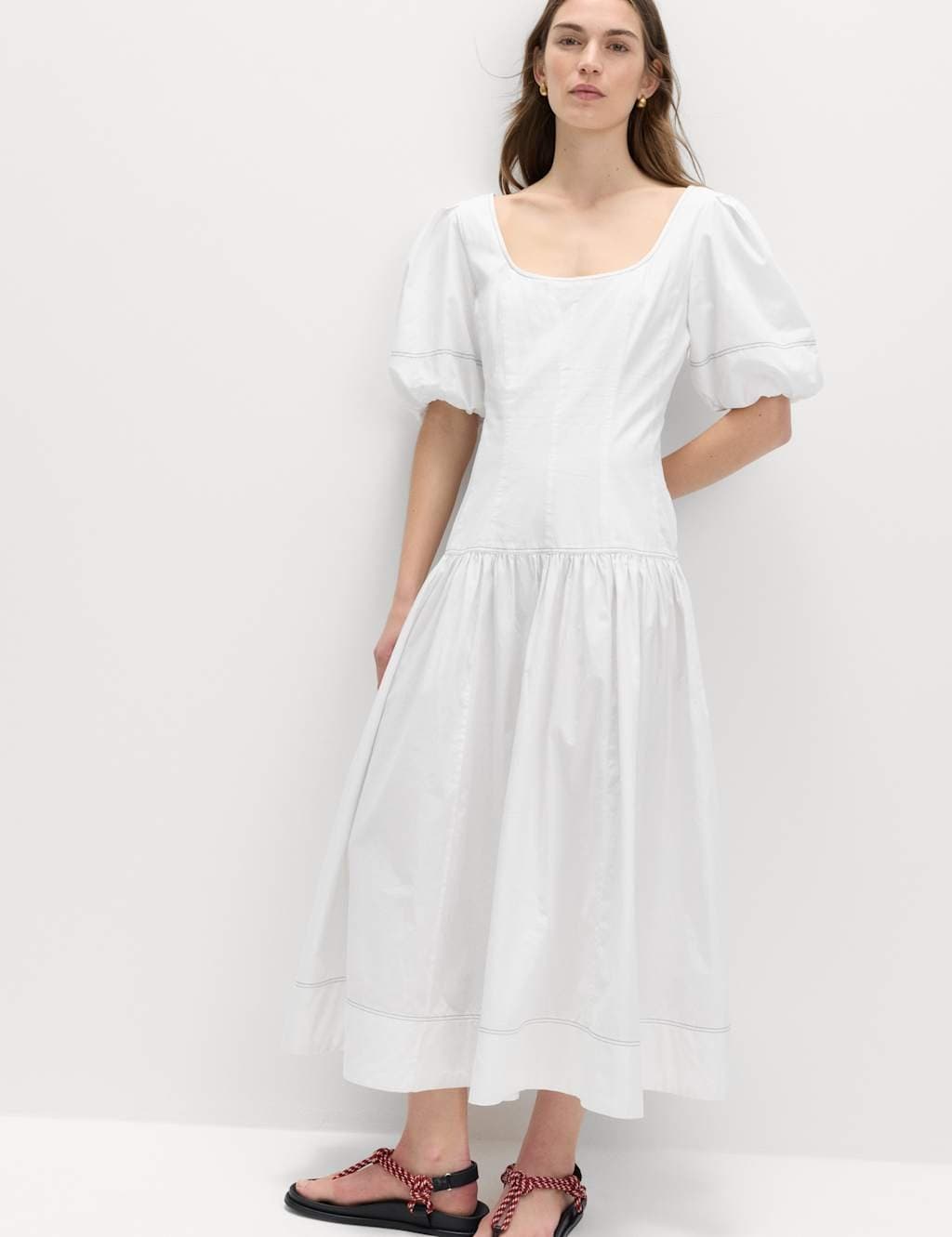 Marks & Spencer M&S Pure Cotton Drop Waist Midi Waisted Dress White
