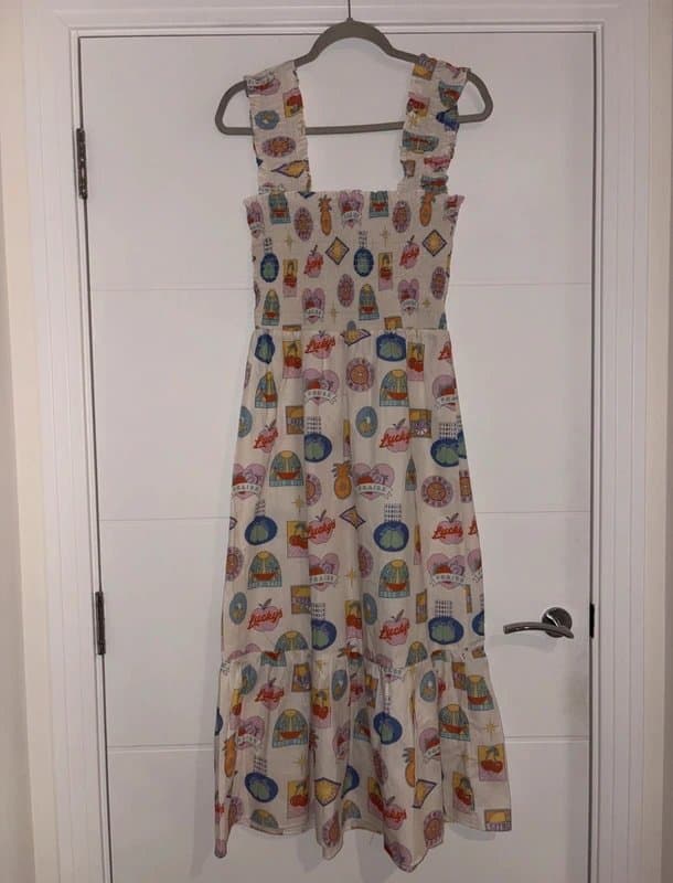 Never Fully Dressed Never Fully Dressed White Fruit Sticker print Midi Dress Size 10 Retro Cherry vintage chic boho