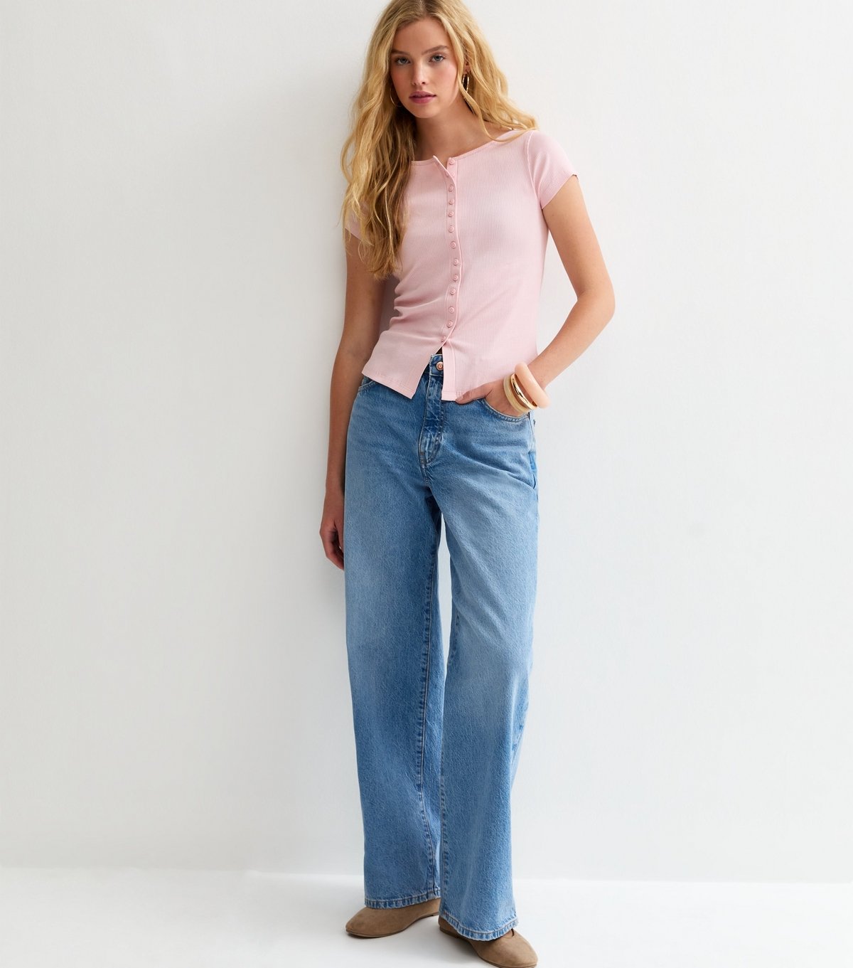 New Look Women's Light Pink Button Through Baby Tee New Look - 3