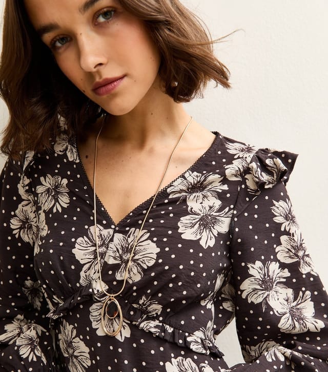 New Look Women's Black Floral Frill Shoulder Midi Dress New Look - 2