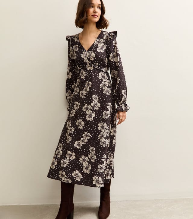New Look Women's Black Floral Frill Shoulder Midi Dress New Look - 3