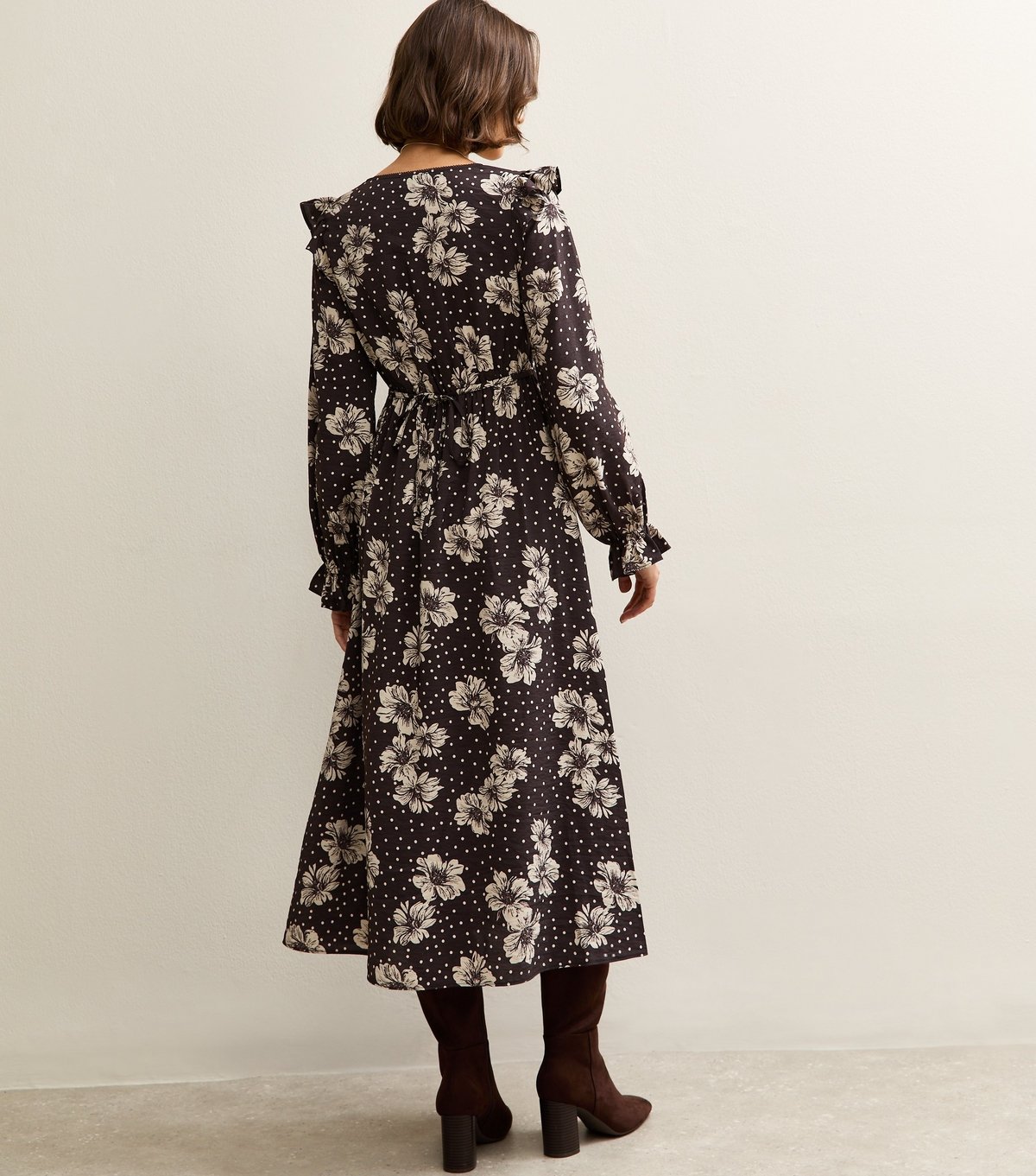 New Look Women's Black Floral Frill Shoulder Midi Dress New Look - 4