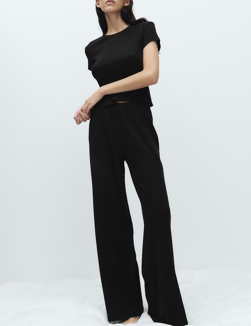 Marks & Spencer M&S Pure Cotton Pointelle Wide Leg Pyjama Bottoms Black - 1