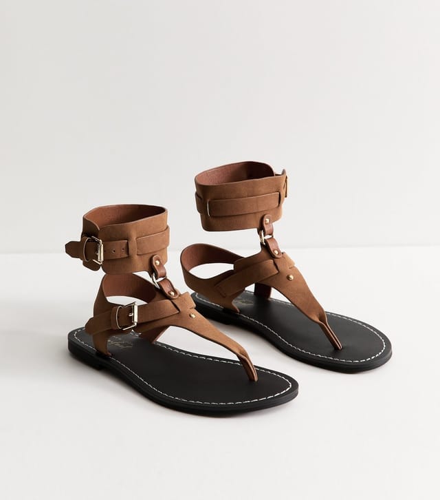 New Look Women's Tan Faux Leather Detachable Cuff Flat Sandals Vegan New Look - 2
