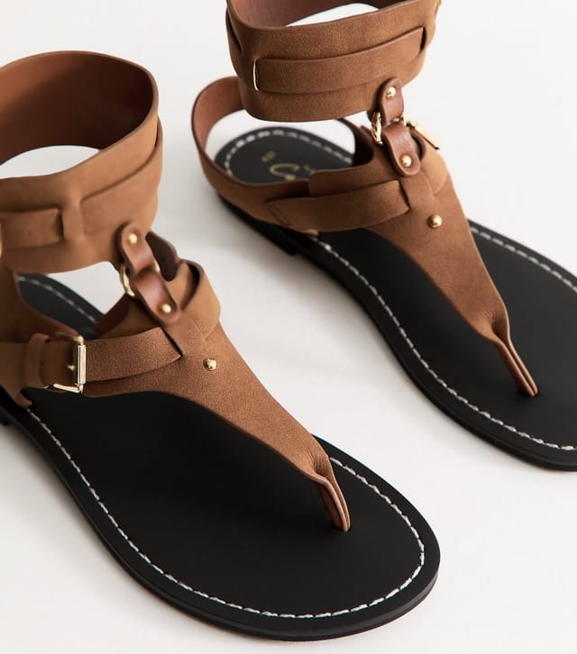New Look Women's Tan Faux Leather Detachable Cuff Flat Sandals Vegan New Look - 3