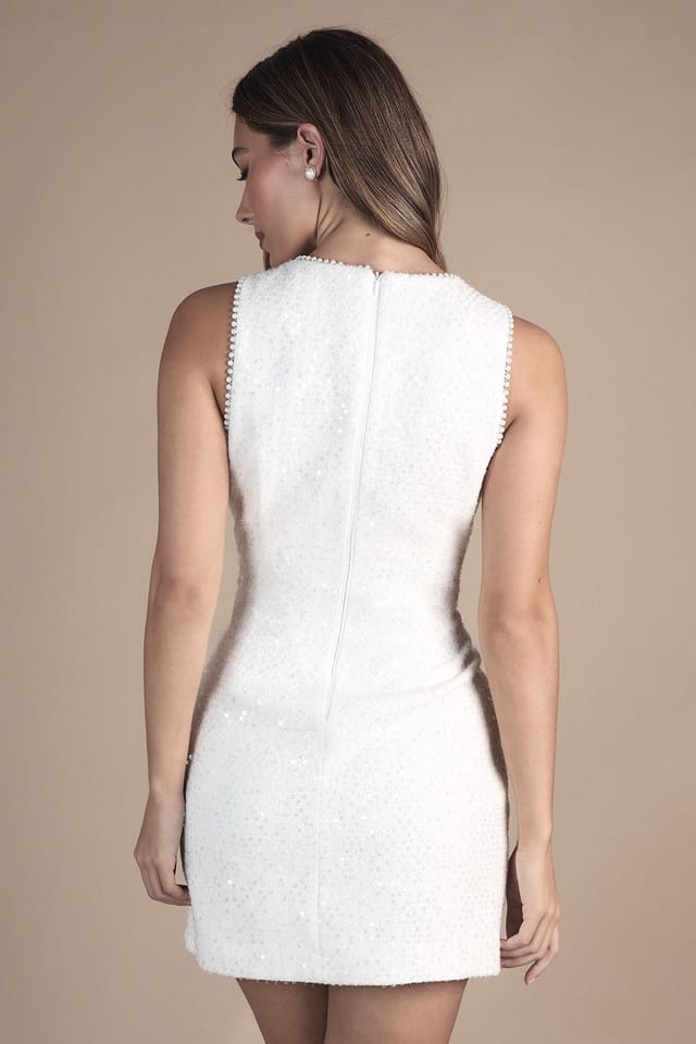Coast Coast Women's Sequin Tweed Mini Wedding Dress with Pearl Trim & Bow Detail in Ivory - 3