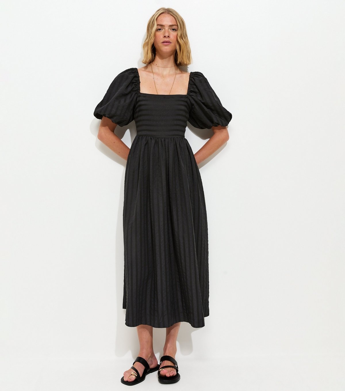 New Look Women's Black Puff Sleeve Striped Midi Dress New Look - 3