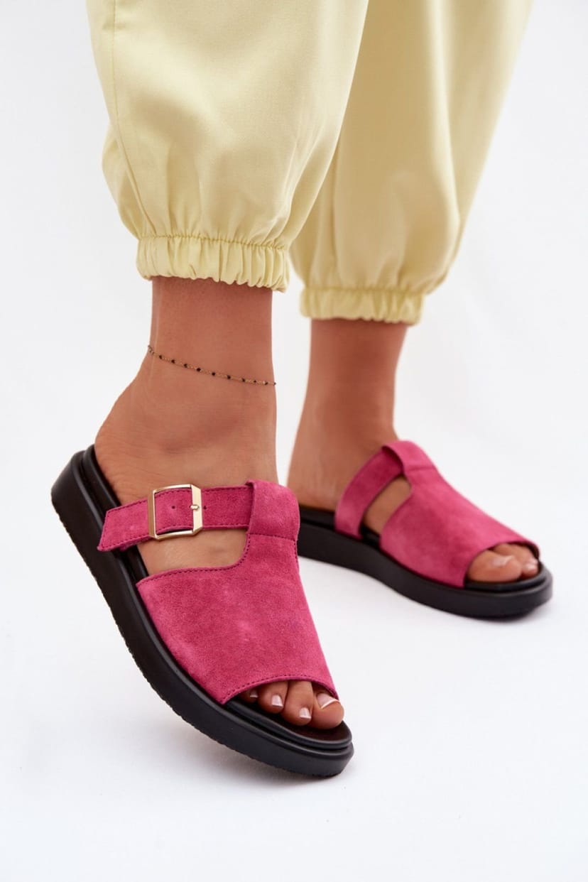Love Lace Love Lace Women's Suede Platform Slide Sandals with Gold Buckle Strap Comfort in Pink - 1