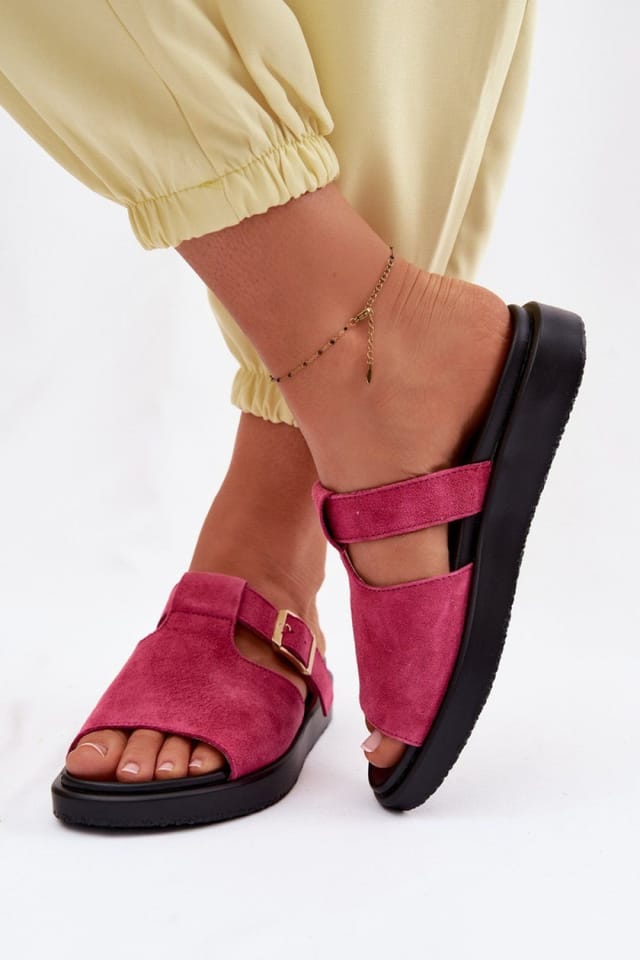 Love Lace Love Lace Women's Suede Platform Slide Sandals with Gold Buckle Strap Comfort in Pink - 3
