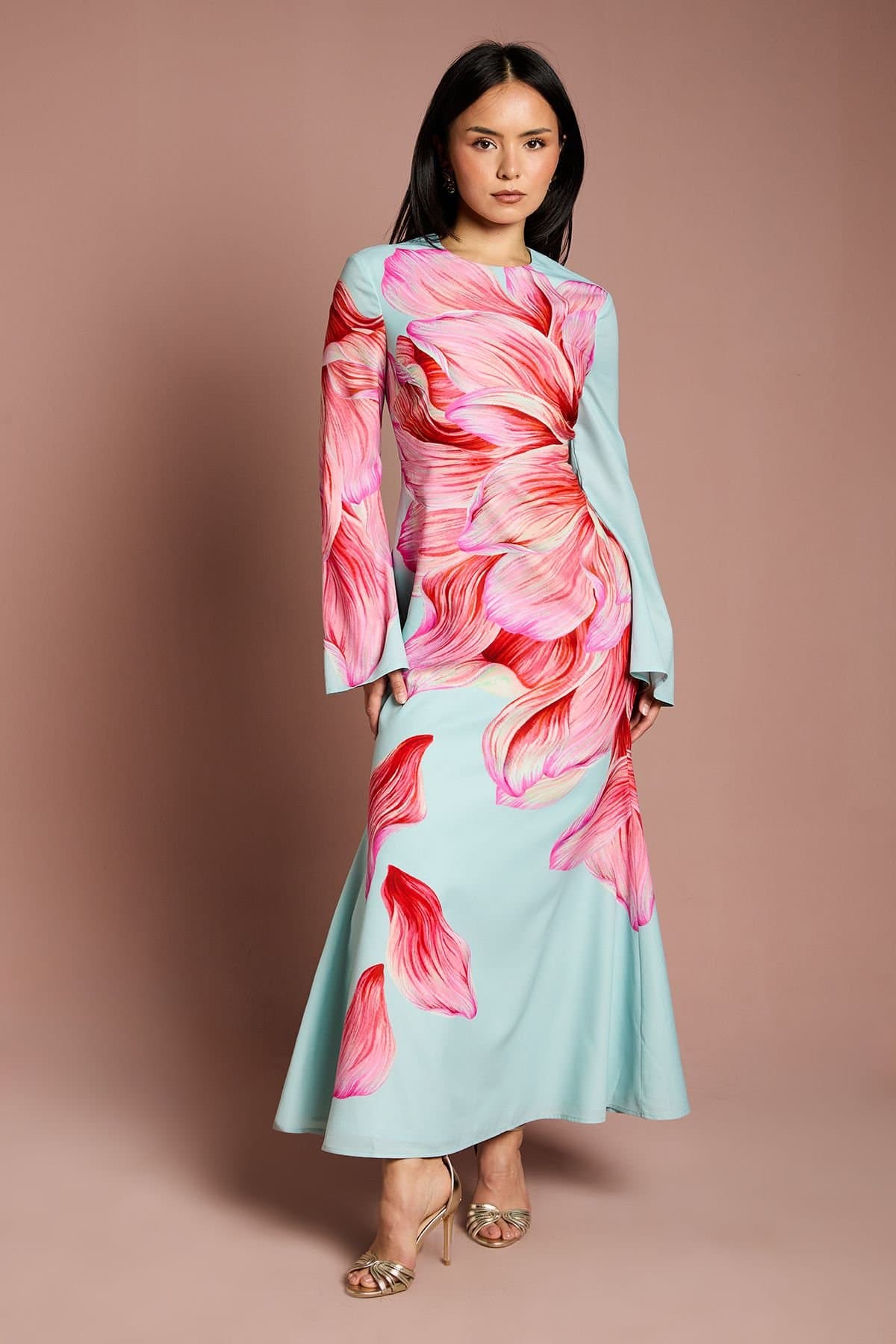 Coast Coast Women's Petite Flare Sleeve High Neck Satin Maxi Dress in Blue