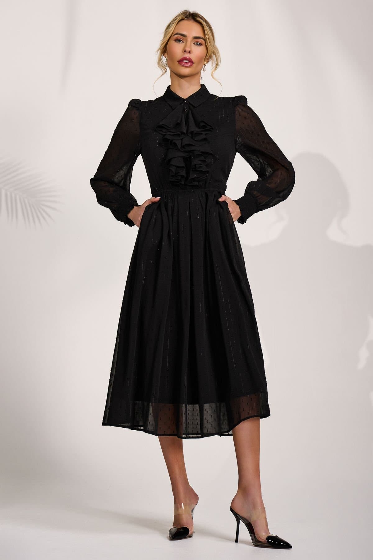 Jolie Moi Jolie Moi Women's Textured Chiffon Long Sleeve Shirt Dress in Black