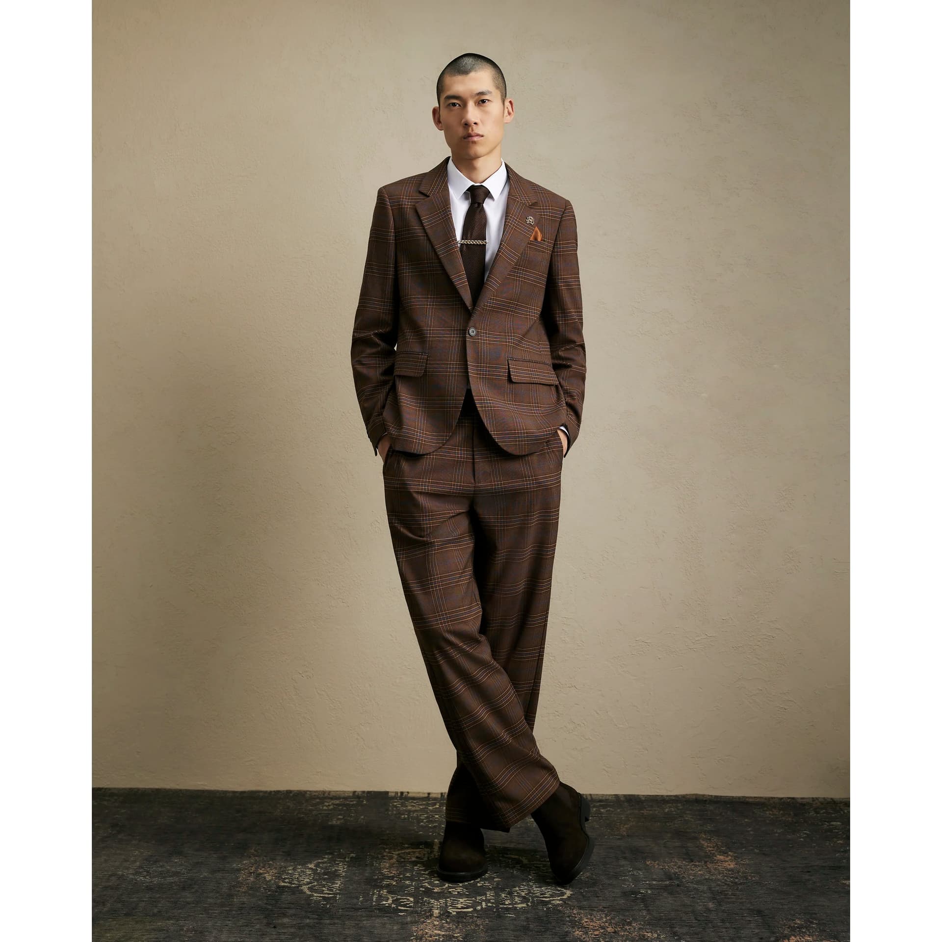 River Island Mens River Island Brown Wide Leg Check Suit Trousers