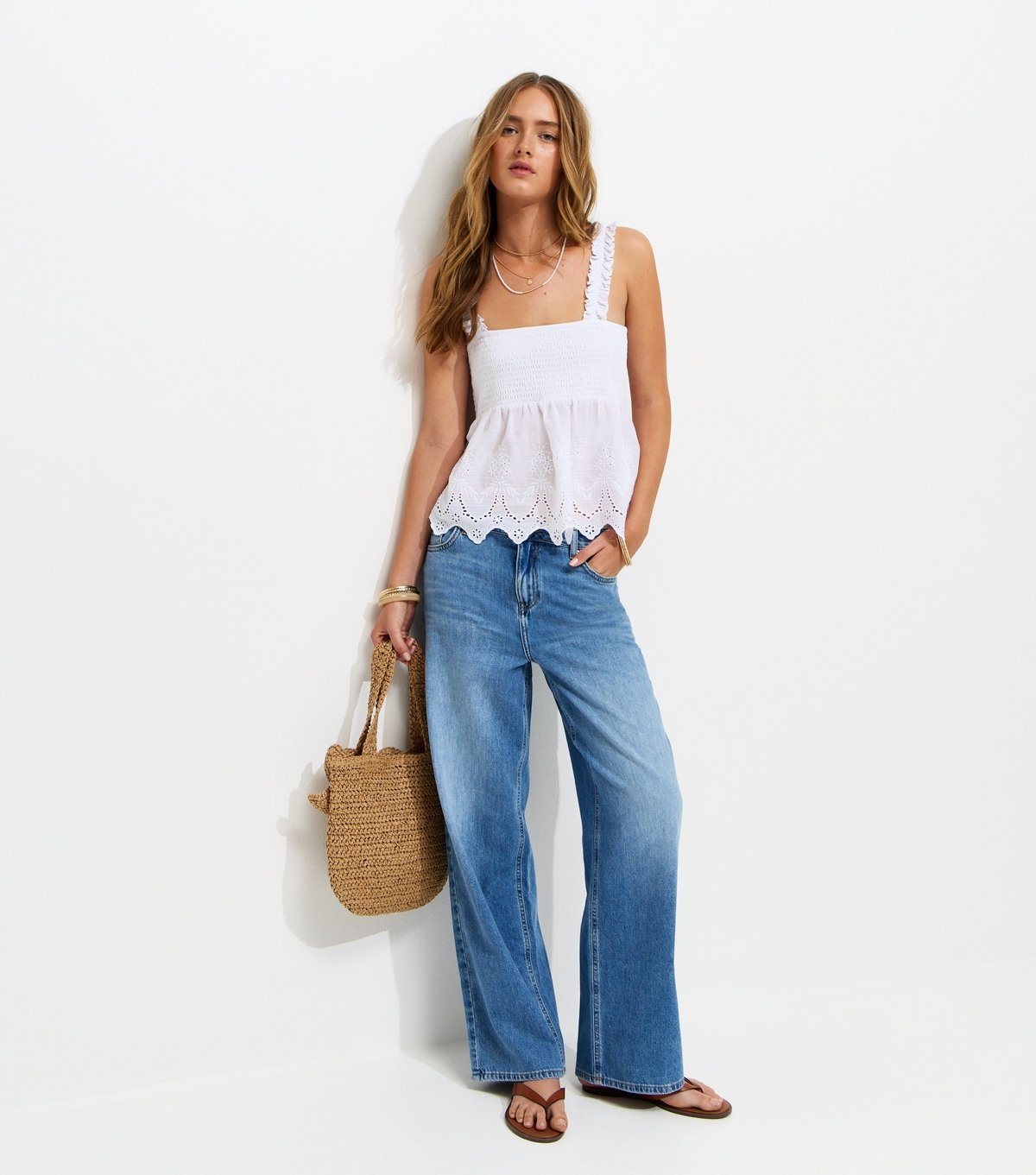 New Look Women's White Shirred Bust Broderie Embroidered Peplum Vest Top New Look - 3