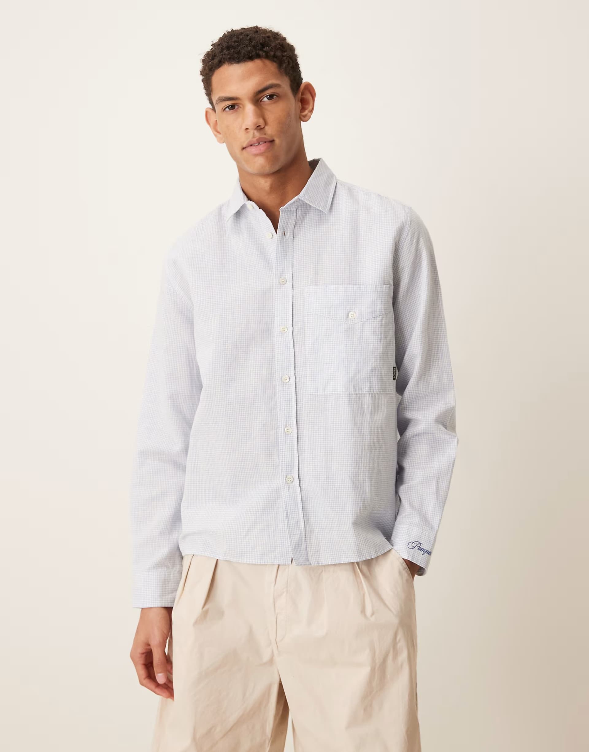 ASOS Pompeii micro check long sleeve linen shirt in blue