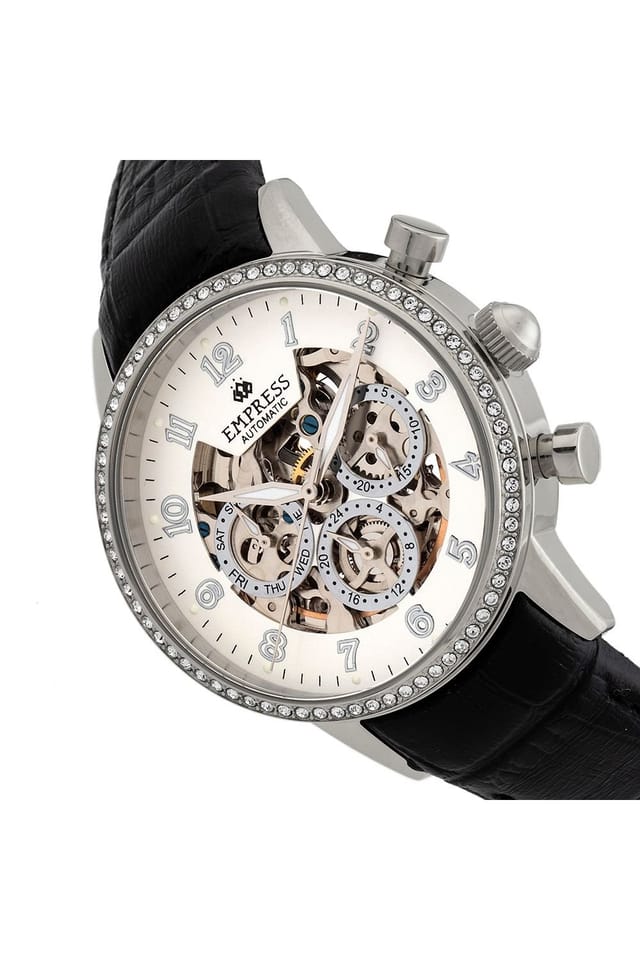 Empress Empress Women's Beatrice Automatic Skeleton Dial Leather-Band Watch with Day & Date in Silver - 3
