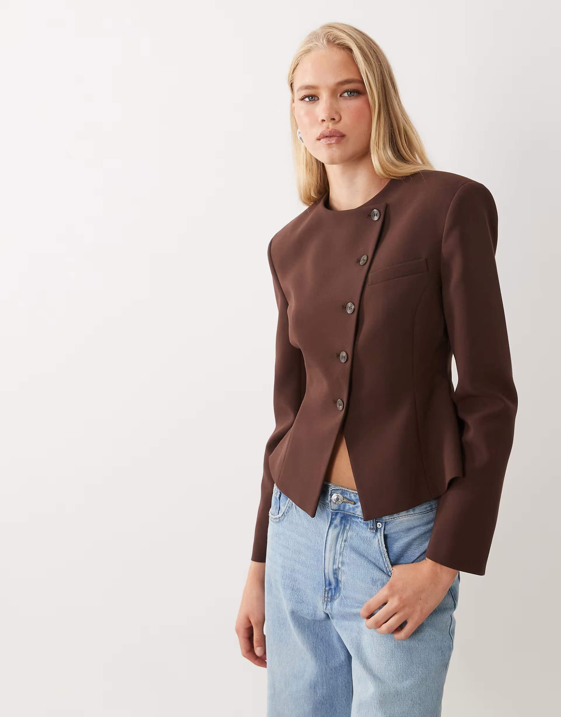 ASOS Miss Selfridge asymetric blazer in choc