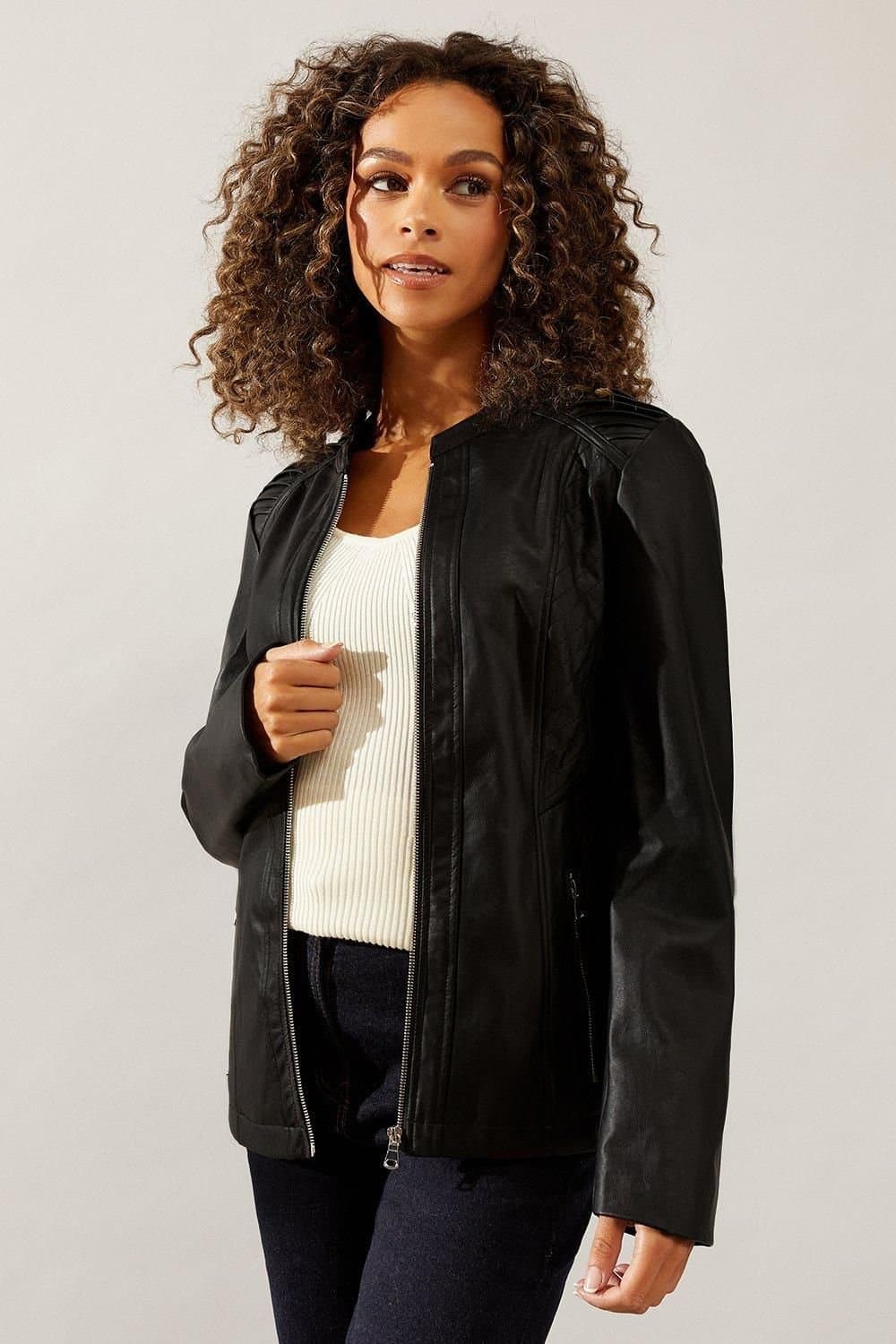 Wallis Wallis Women's Black Faux Leather Stitch Detail Jacket