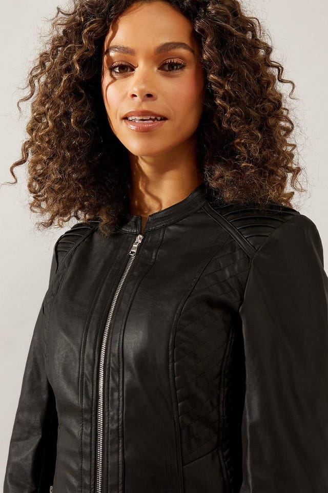 Wallis Wallis Women's Black Faux Leather Stitch Detail Jacket - 2