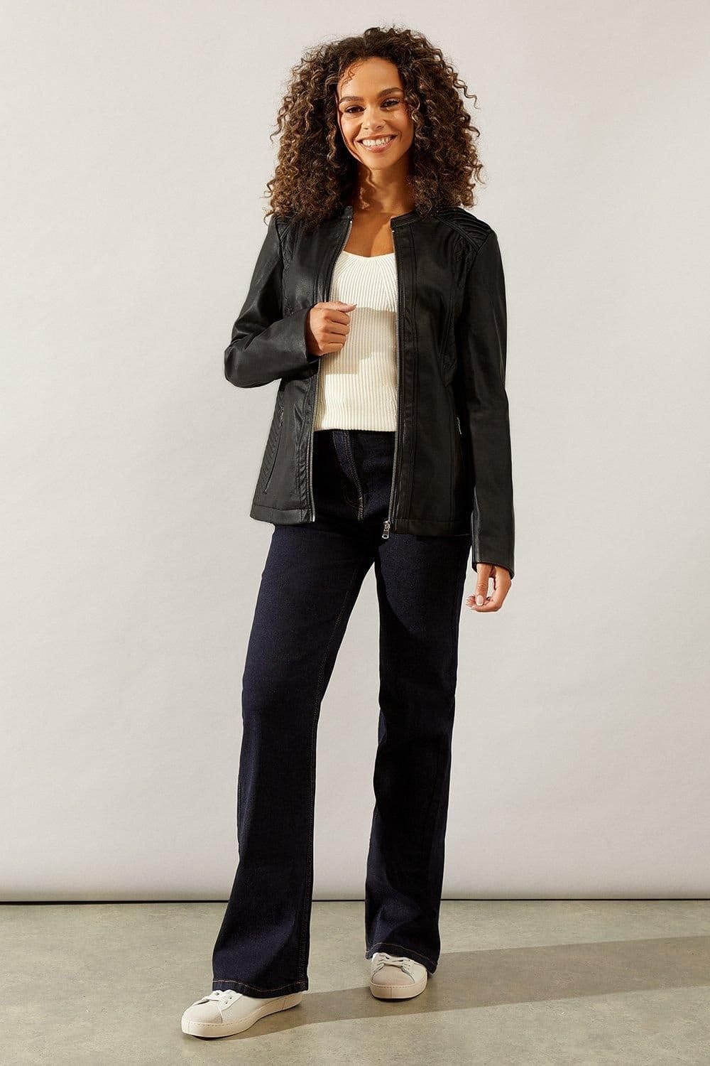 Wallis Wallis Women's Black Faux Leather Stitch Detail Jacket - 4