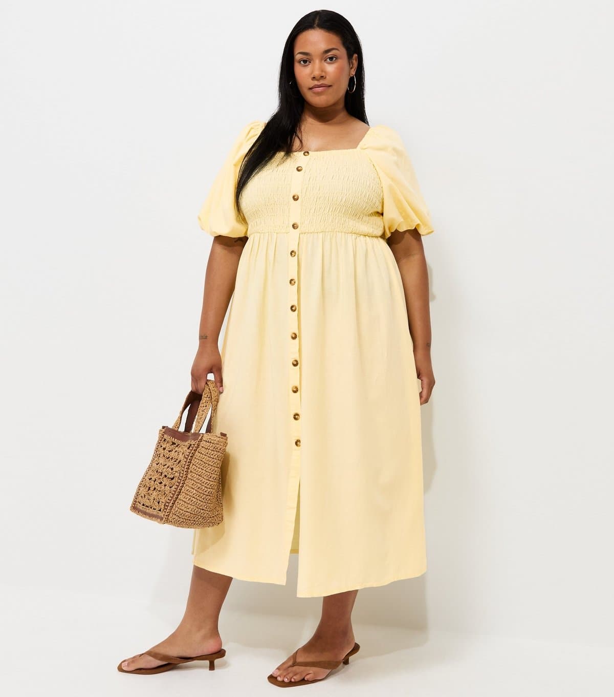New Look Women's Plus Size Light Yellow Button Front Milkmaid Midi Dress Curves New Look