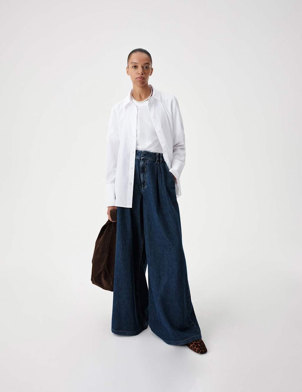 Marks & Spencer M&S Twill Pleated Formal Wide Leg Jean Medium Indigo