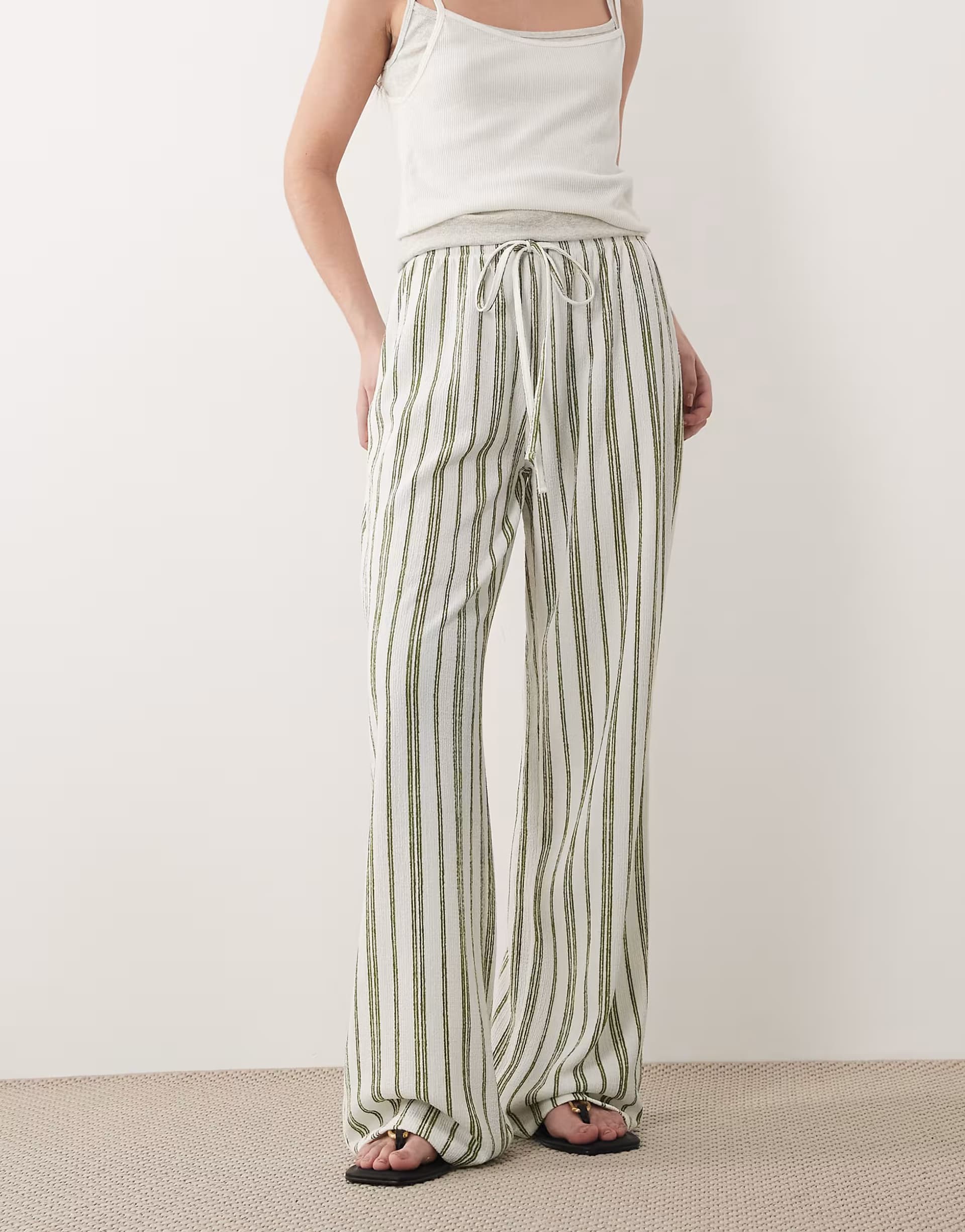 ASOS Wednesdays Girl jersey tie waist wide leg trouser in green stripe