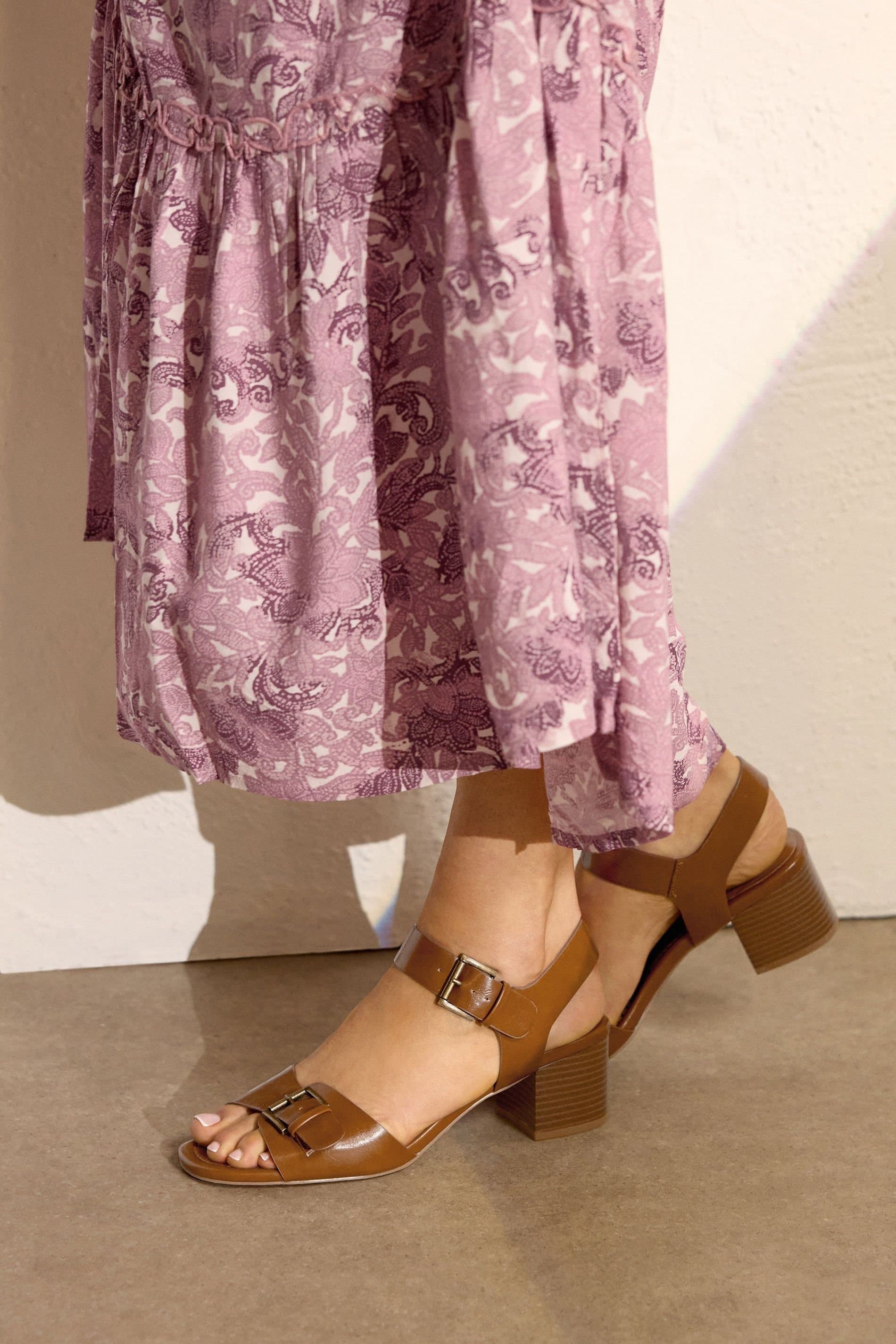 Long Tall Sally Long Tall Sally Brown Leather Buckle Block Heel Sandals