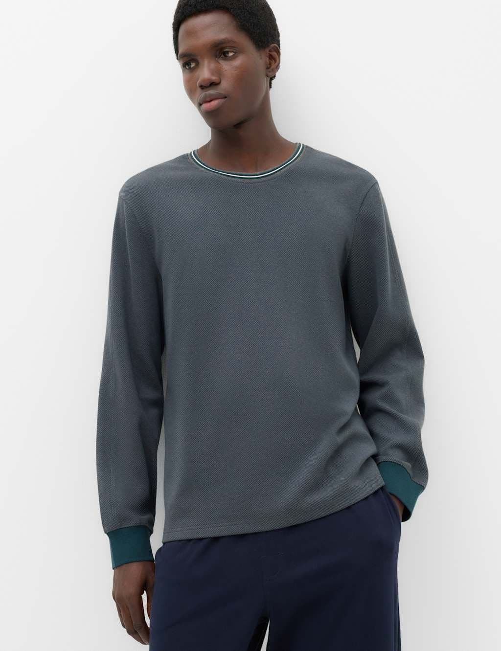 Marks & Spencer M&S Cotton Rich Textured Loungewear Top Dark Kingfisher