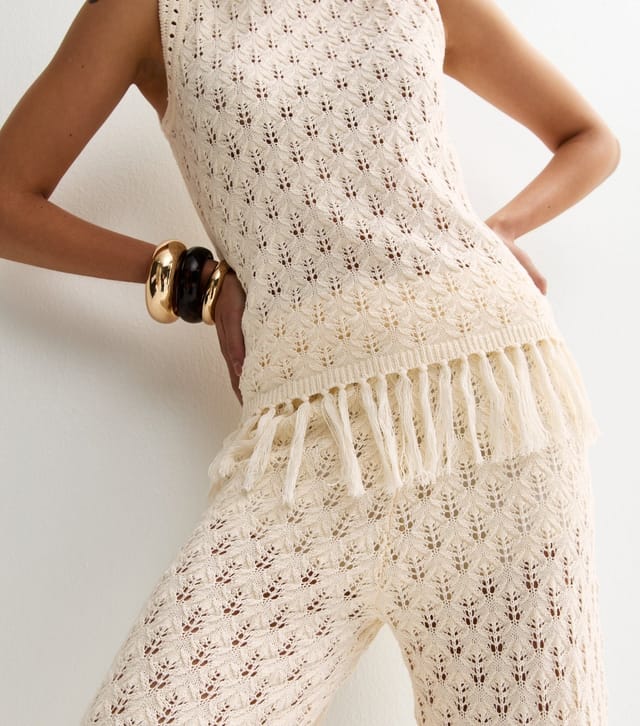 New Look Women's Cream Cotton Rich Patterned Longline Tassel Vest New Look - 2