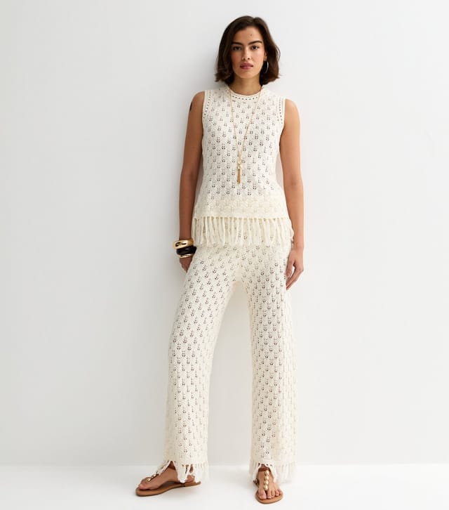 New Look Women's Cream Cotton Rich Patterned Longline Tassel Vest New Look - 3