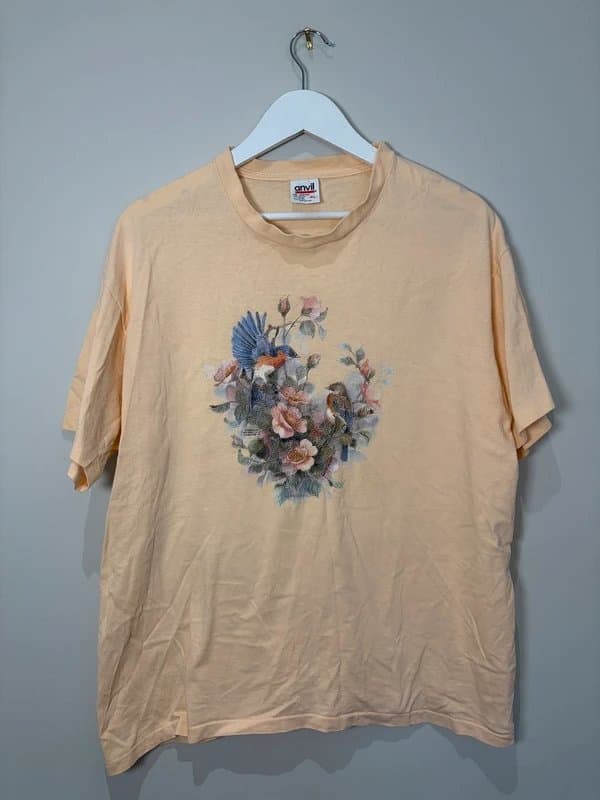 USA anvil Vintage USA Anvil T-Shirt XL Peach Bird Floral Graphic Nature Tee 90s Cottagecore