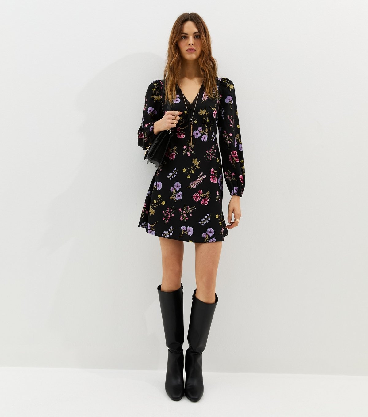 New Look Women's Black Floral Lace Trim Puff Sleeve Mini Dress New Look - 2